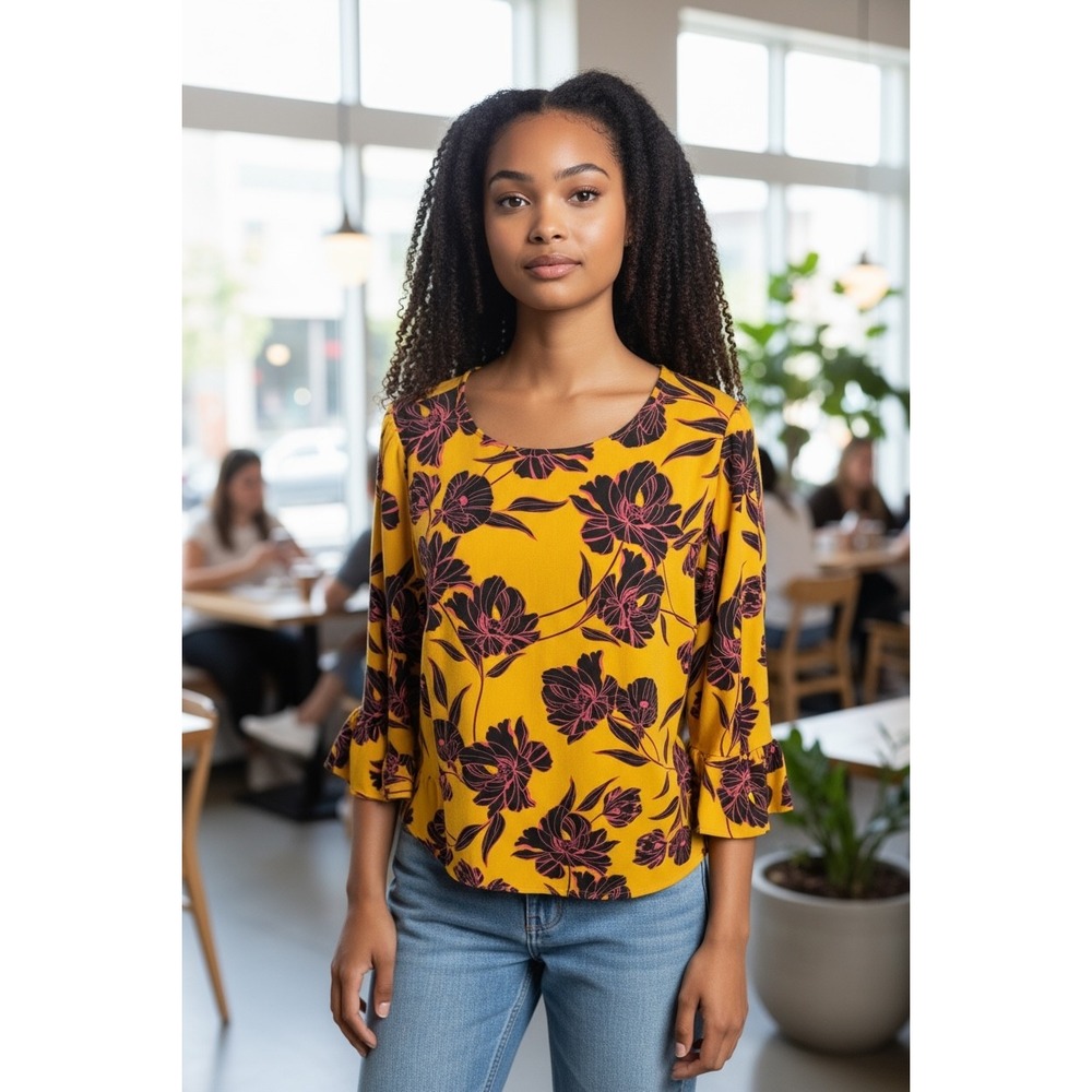 APT 9 Yellow Floral Print Bell Sleeve Ruffle Hem Blouse Top Women's‎ Medium